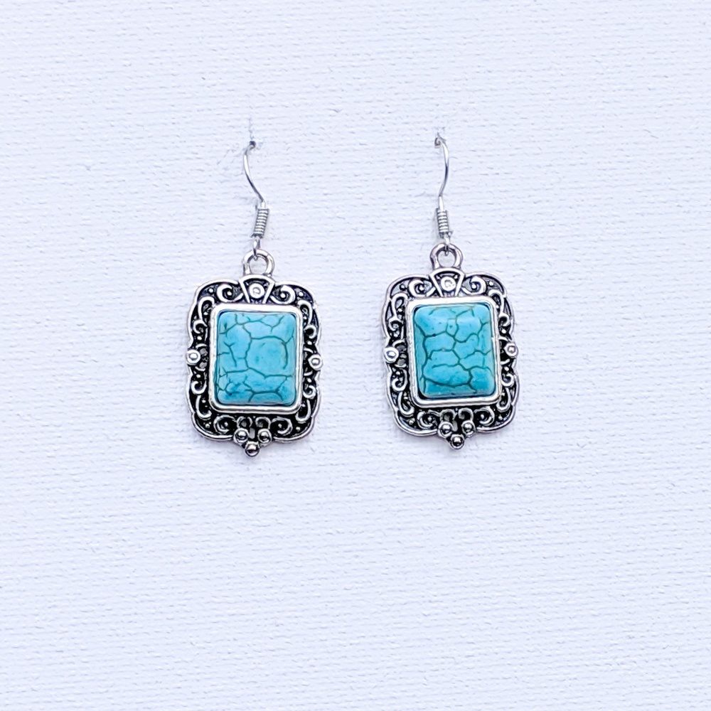 Turquoise Boho Vintage Silver tone Earrings #8